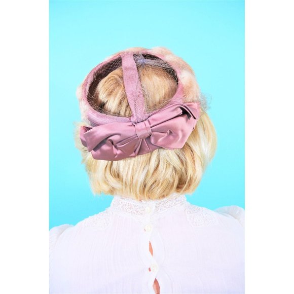 Vintage 1950s Pillbox Hat Lady Bess Fur Mauve Tan Netted Round Hat - Picture 5 of 10